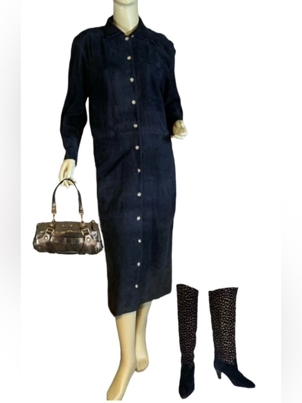 VINTAGE 1980'S BLACK LAMB SUEDE ALCOTT & ANDREWS SHIRT DRESS (S)
